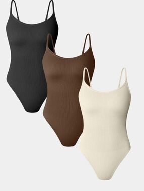 OQQ Ribbed Spaghetti-Strap One-Piece Bodysuits - Black, Brown & Cream NWT Sz XL